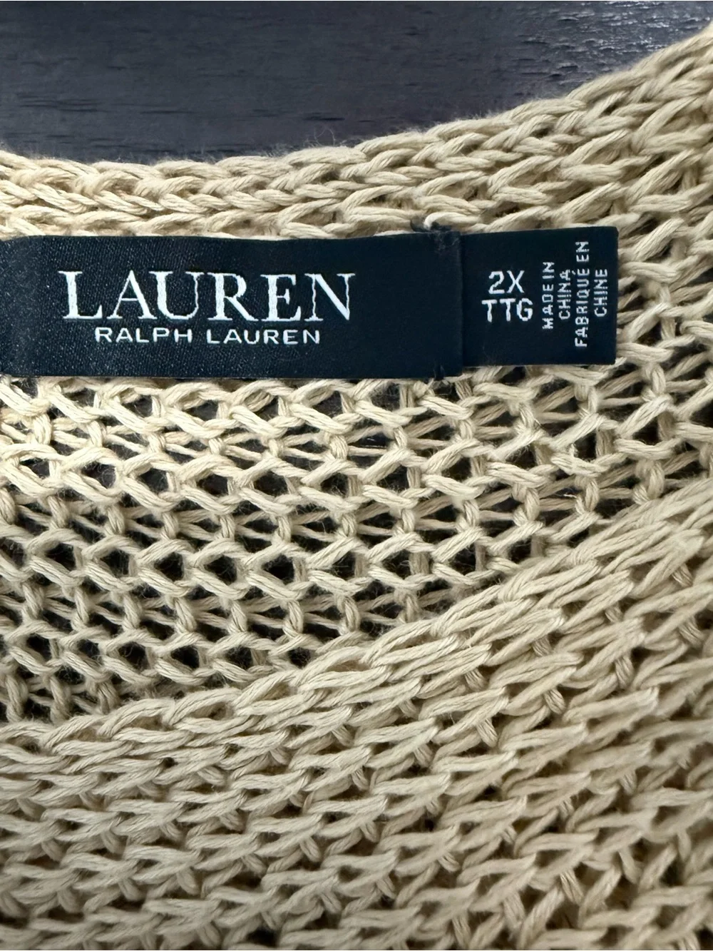 Lauren Ralph Lauren 2X 100% Linen Open Knit Poncho Tunic Sweater Beige